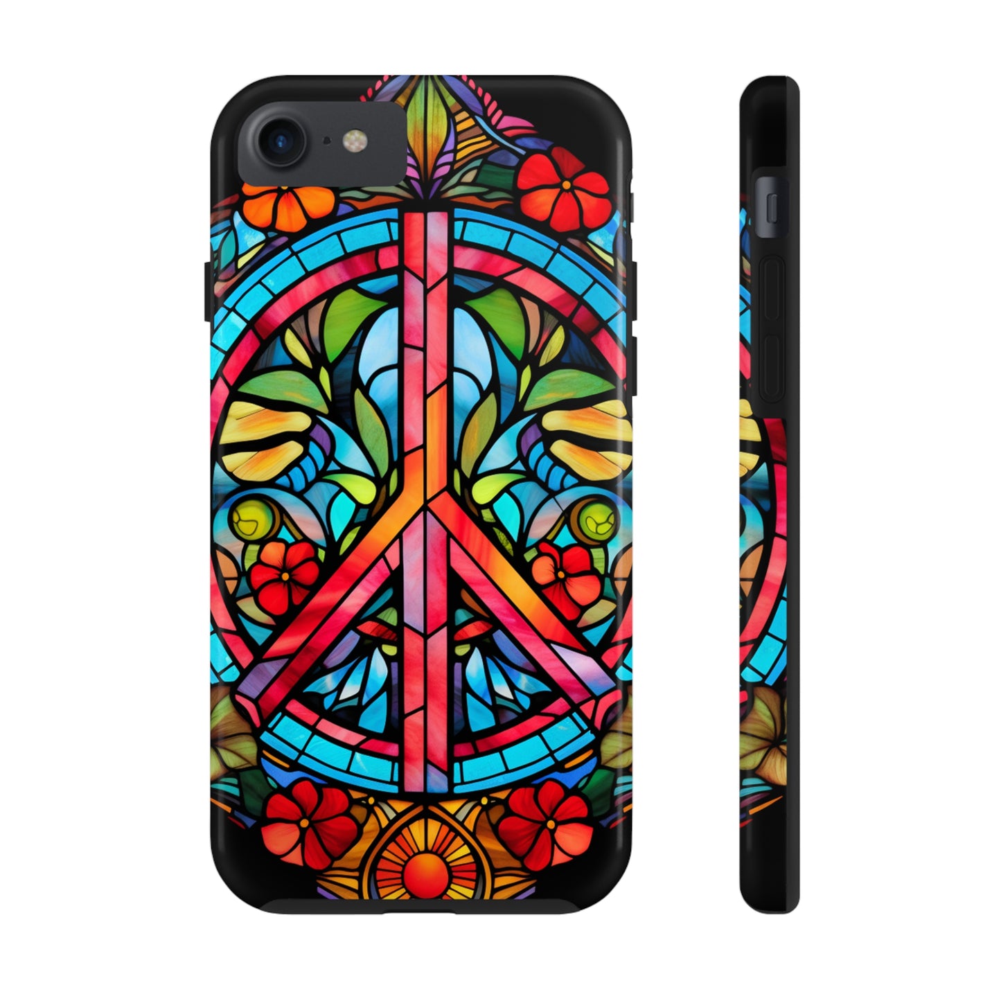 Peace Stained Glass Tough iPhone Case | Trippy Psychedelic Art Colorful Flowers Floral Aesthetic Retro iPhone 14 Plus 13 12 7 8 Se Trendy Hipp