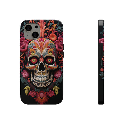 Embroidery Style Sugar Skulls Goth Dark Academia Tough Case iPhone, Edgy Cover, iPhone 14 Plus 13 12 7 8 Se Trendy Halloween Retro Vibe