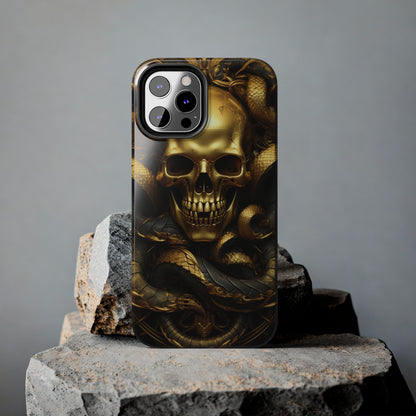 iPhone 14 Case Dark Elegance: Gold Skulls and Snakes Tough iPhone Case | An Edgy Goth Delight