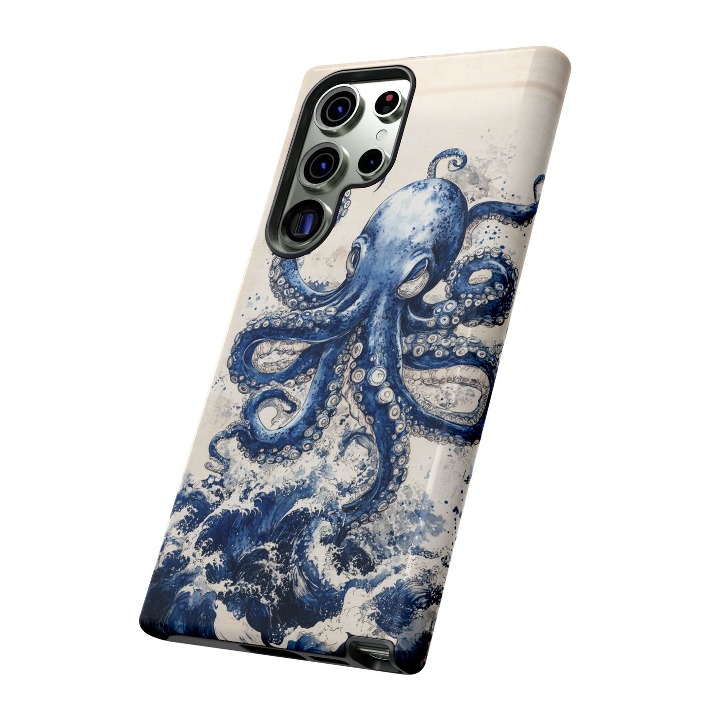 Vintage Japanese Art Style Blue Octopus and Waves Phone Cover