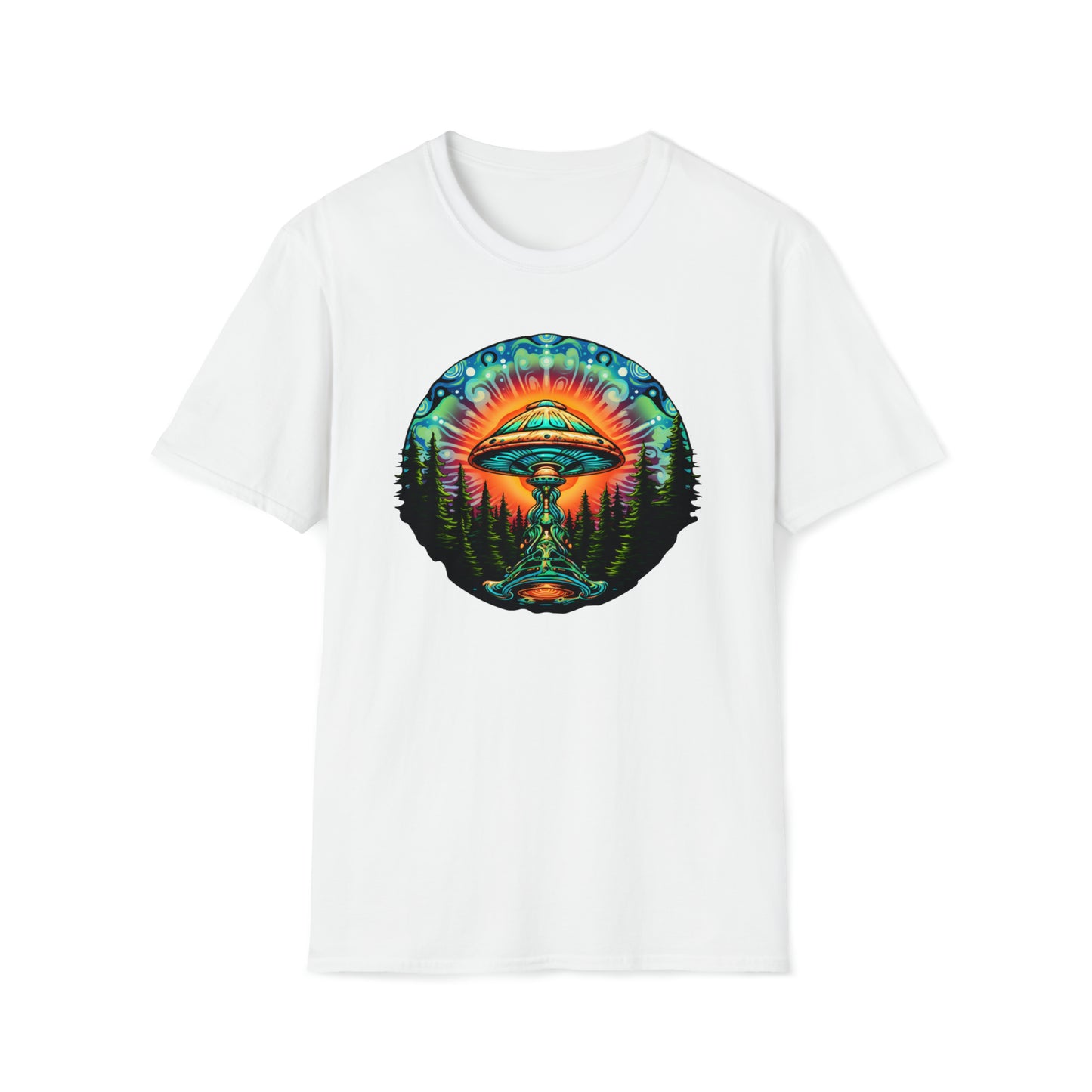 Trippy UFO Galactic Tee - Unisex Cosmic Alien Encounter T-Shirt, Vibrant Space Design