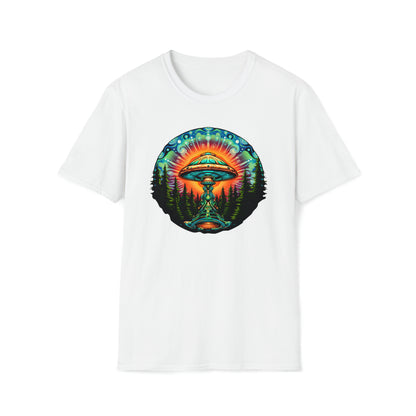 Trippy UFO Galactic Tee - Unisex Cosmic Alien Encounter T-Shirt, Vibrant Space Design