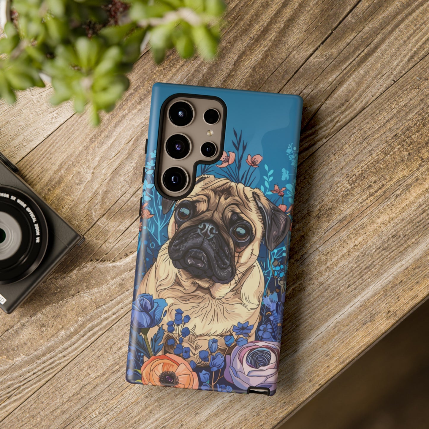 Cute Pug Dog Blue Floral Design Phone Case