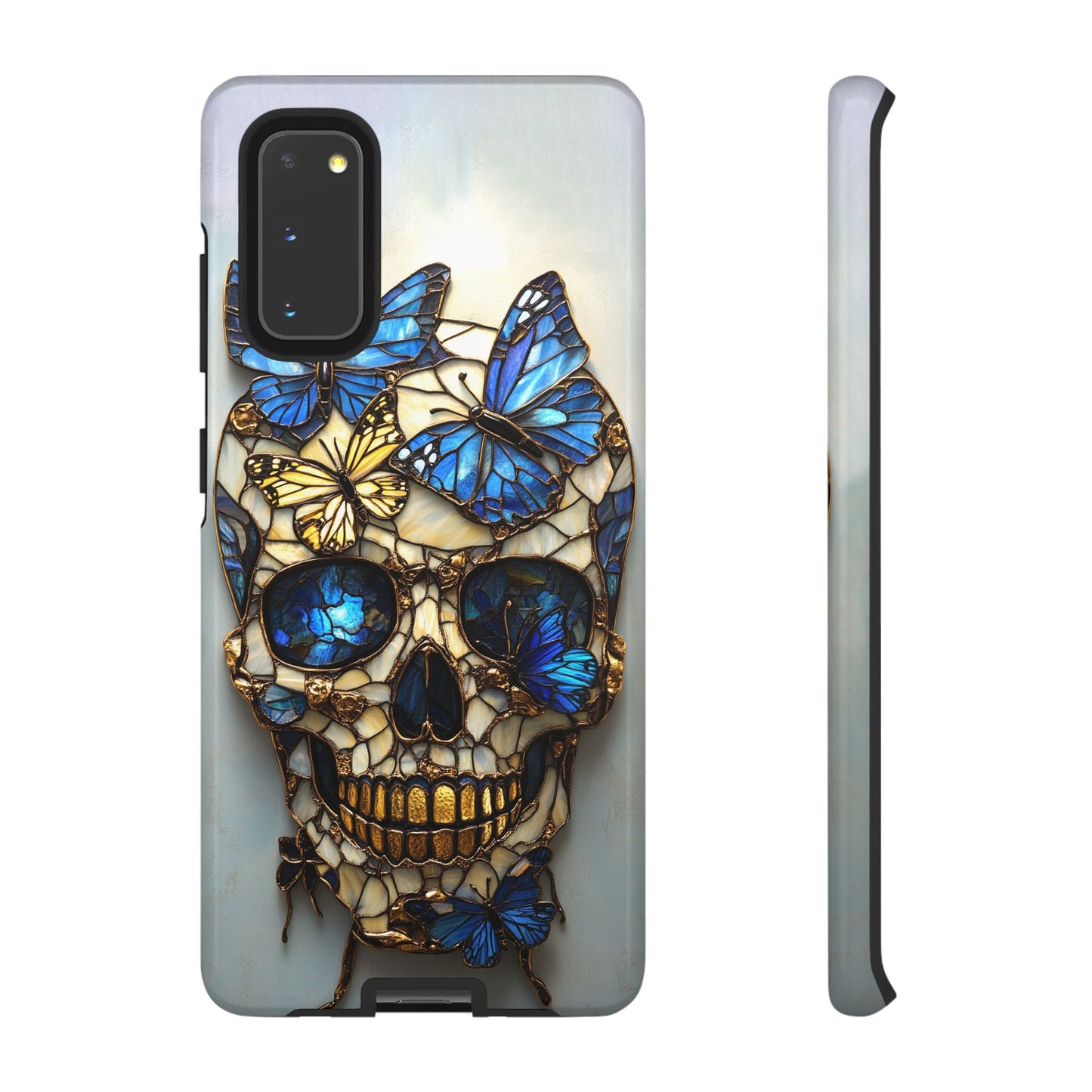 Gold and Blue Stained Glass Skull and Butterflies Phone Cover