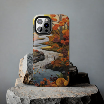 Enchanting Fall Landscape Phone Case | Vintage Boho Embroidery Style