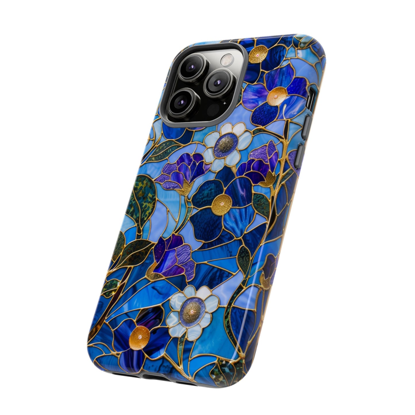 Blue Floral Stained Glass Gold Inlay Wild Flowers Phone Case