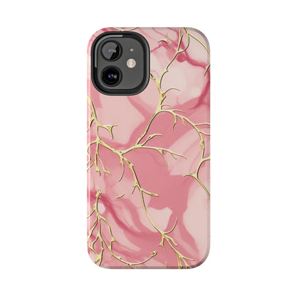 iPhone Elegance Unveiled: Pink & Gold Leaf Marble | Premium Tough iPhone Case