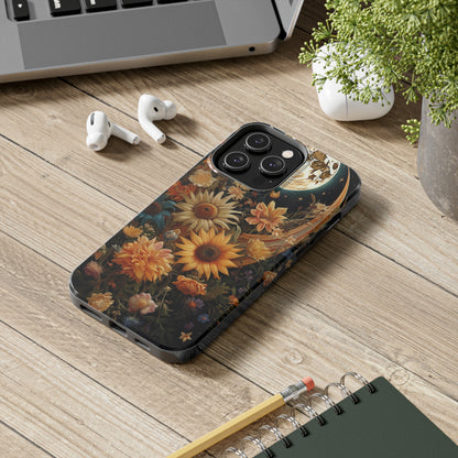 Celestial Charm: iPhone Case with Boho Cottagecore Fusion of Floral, Sun, Moon & Stars