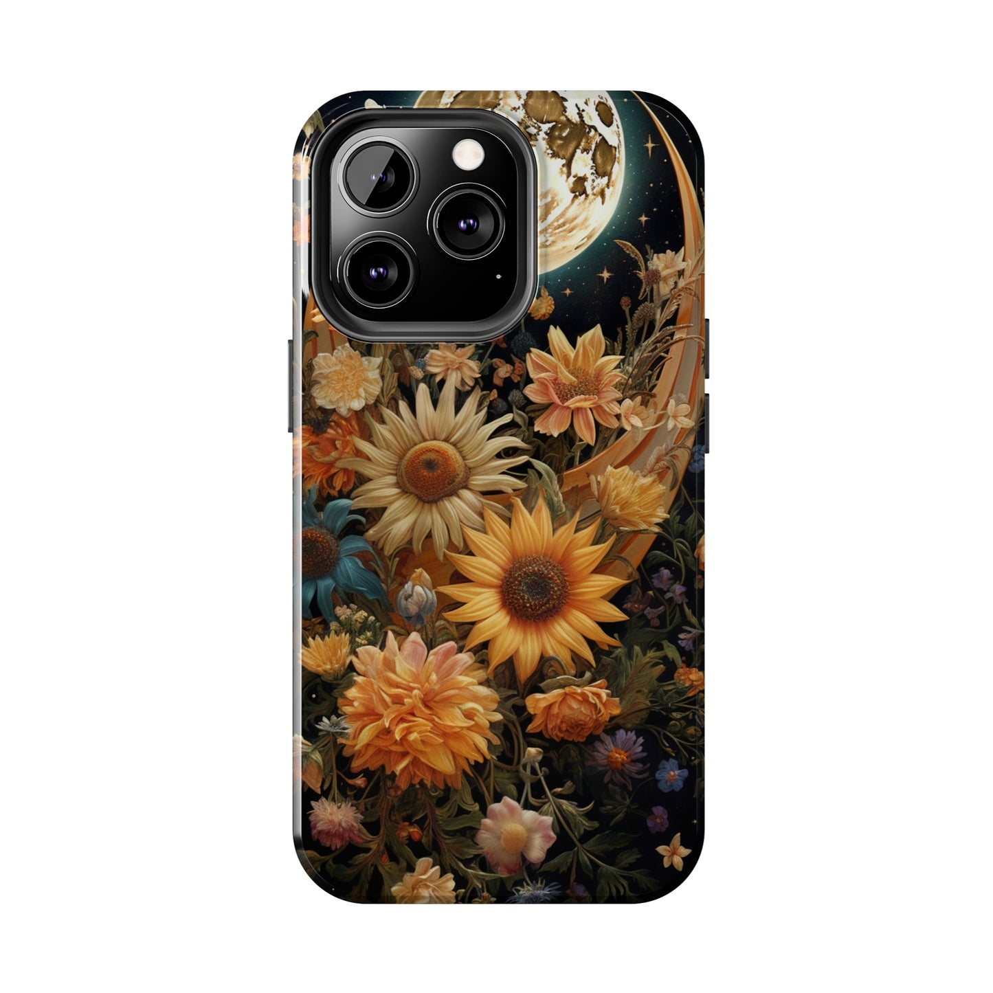 Celestial Charm: iPhone Case with Boho Cottagecore Fusion of Floral, Sun, Moon & Stars