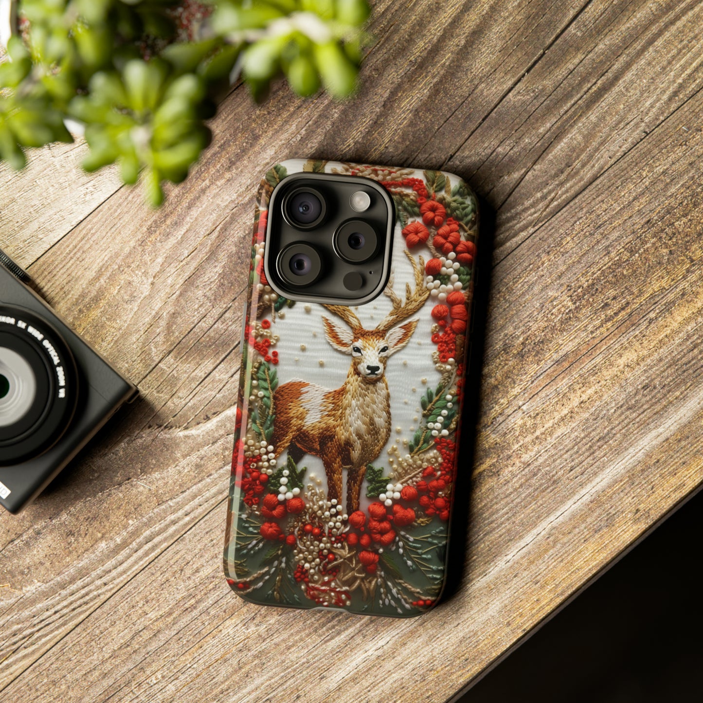 Embroidery Christmas Deer Floral Phone Case