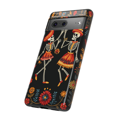 Dead Can Dance, iPhone 15 case, Floral Embroidery Skeletons | Whimsical Dance of the Departed for Google Pixel, iPhone & Samsung Galaxy