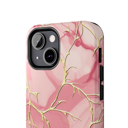 iPhone Elegance Unveiled: Pink & Gold Leaf Marble | Premium Tough iPhone Case