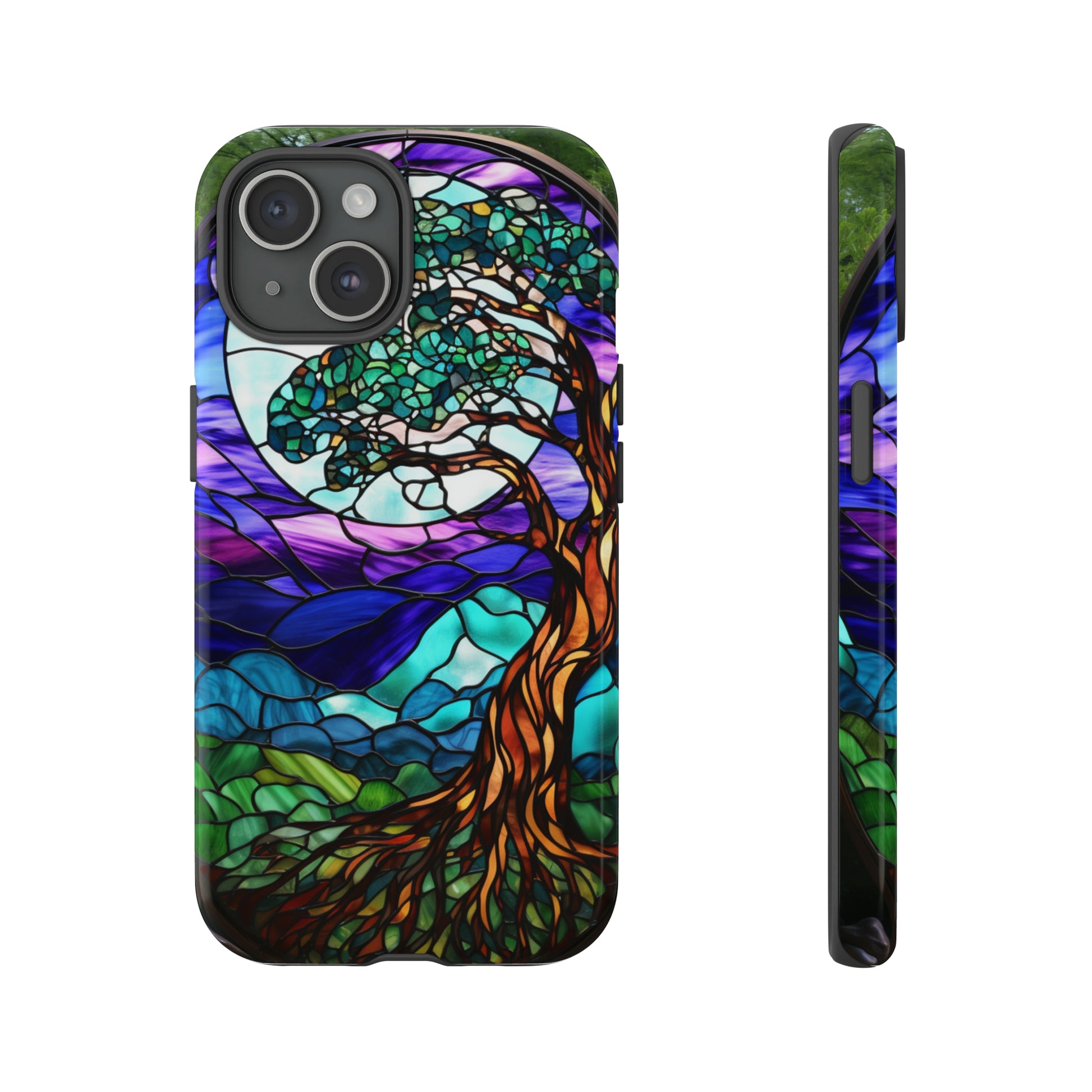 Floral moonlight stained glass design on iPhone 15 case
