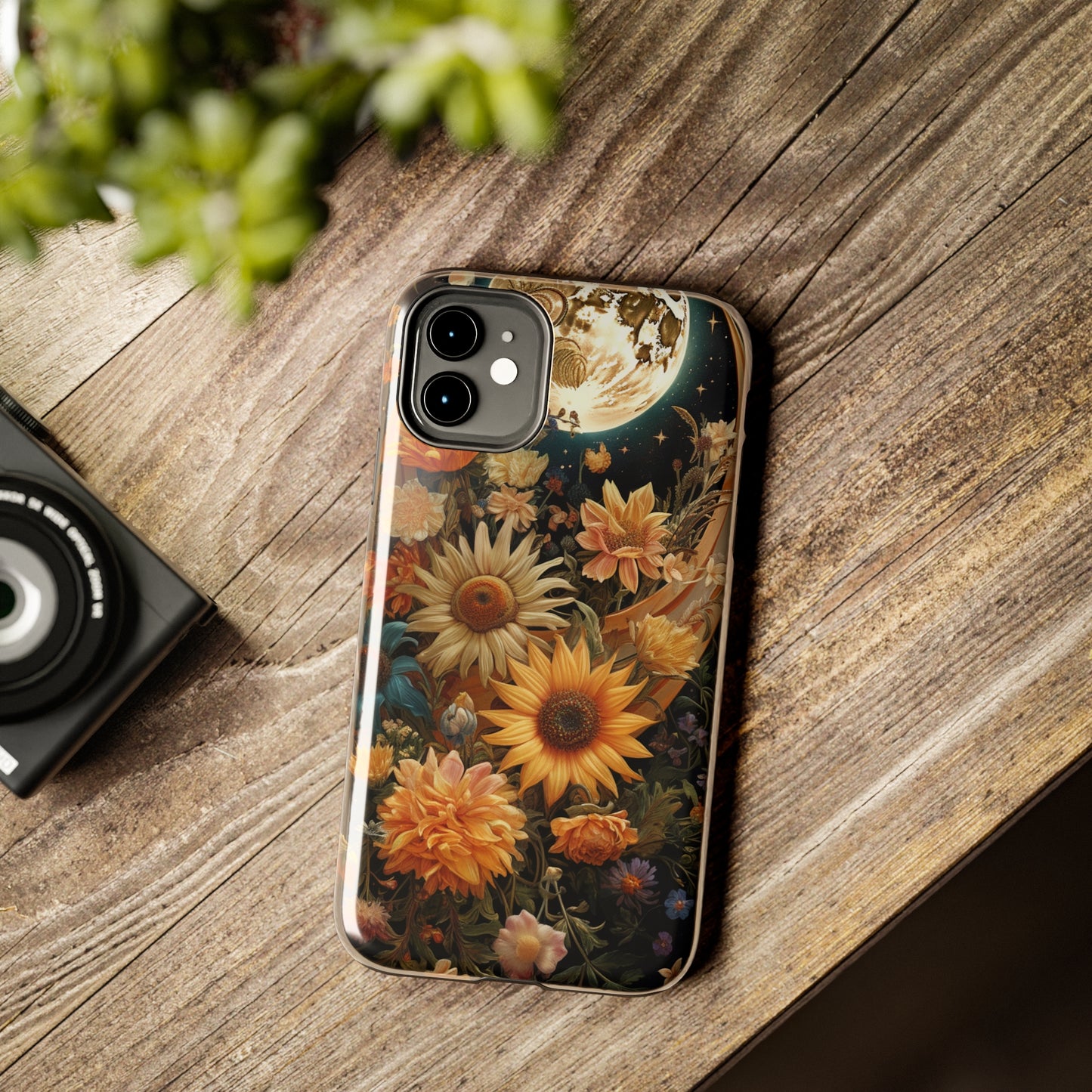 Celestial Charm: iPhone Case with Boho Cottagecore Fusion of Floral, Sun, Moon & Stars