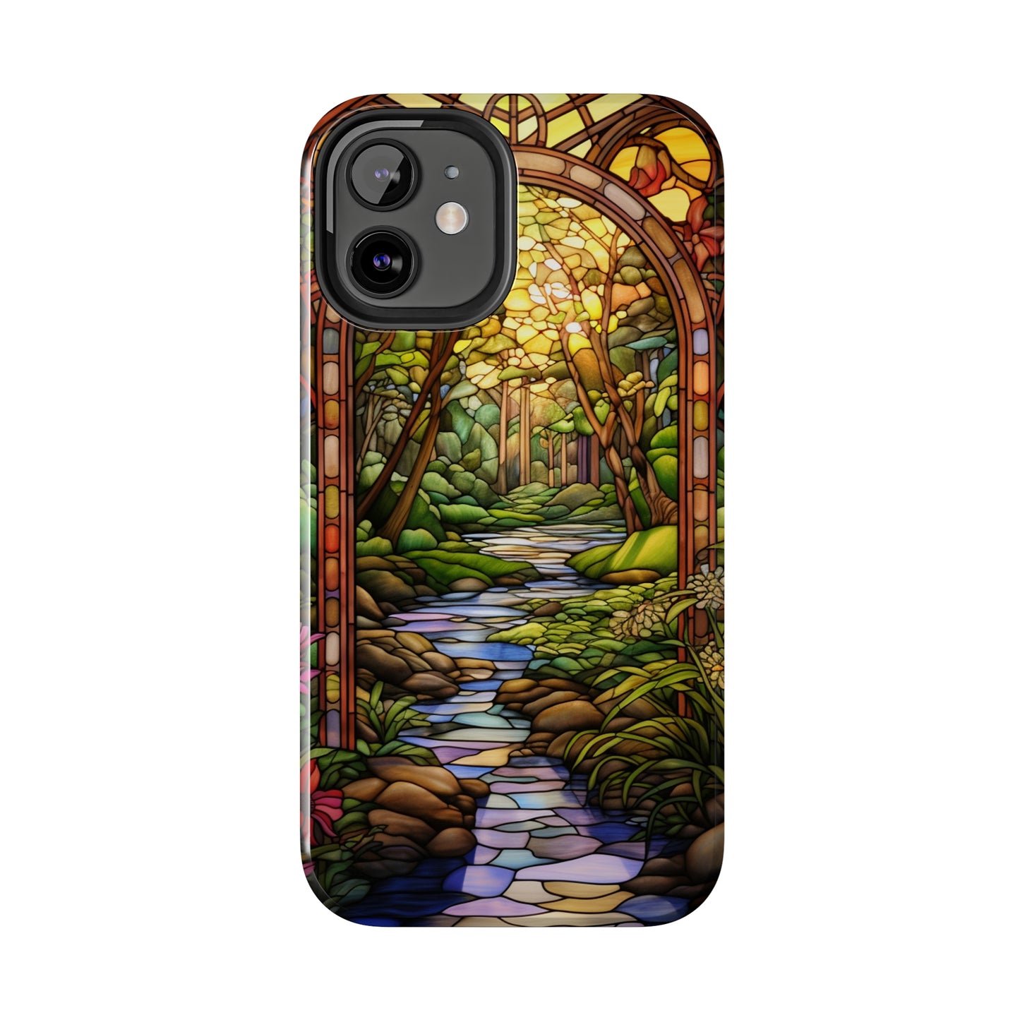 Stained Glass Stone Bridge and River Phone Case: Floral Art Nouveau Design | Bohemian Elegance for iPhone 14 Pro Max, iPhone 14 Plus