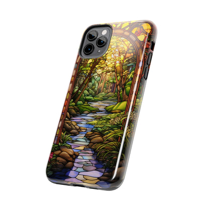 Stained Glass Stone Bridge and River Phone Case: Floral Art Nouveau Design | Bohemian Elegance for iPhone 14 Pro Max, iPhone 14 Plus