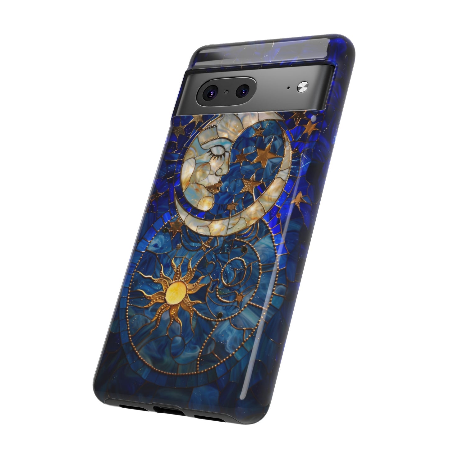 Celestial Stained Glass Moon and Stars Phone Case, Night Sky iPhone 15 Case