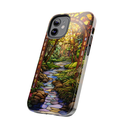 Stained Glass Stone Bridge and River Phone Case: Floral Art Nouveau Design | Bohemian Elegance for iPhone 14 Pro Max, iPhone 14 Plus