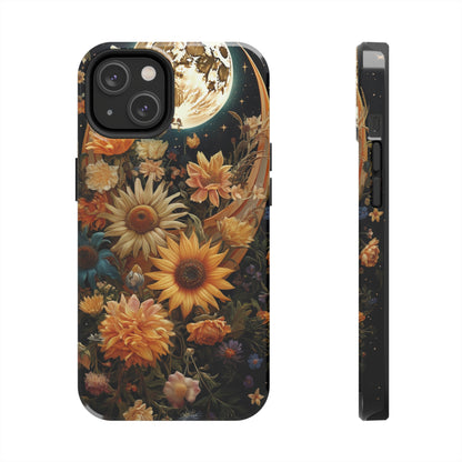 Celestial Charm: iPhone Case with Boho Cottagecore Fusion of Floral, Sun, Moon & Stars