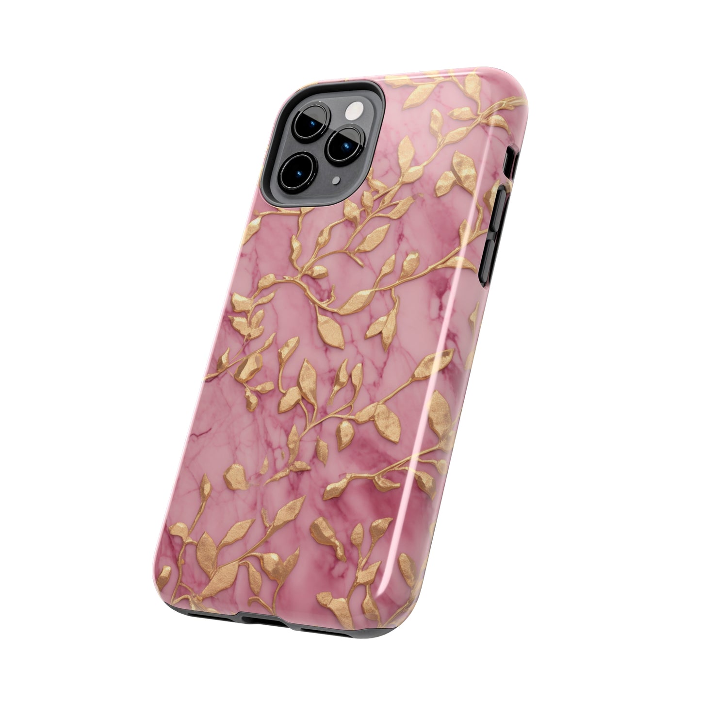 iPhone 14 Case Alluring Elegance: Pink & Gold Leaf Tough iPhone Case