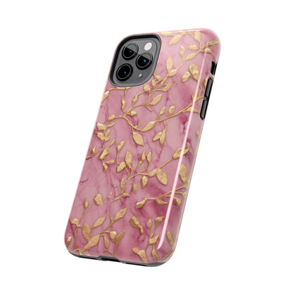 iPhone 14 Case Alluring Elegance: Pink & Gold Leaf Tough iPhone Case