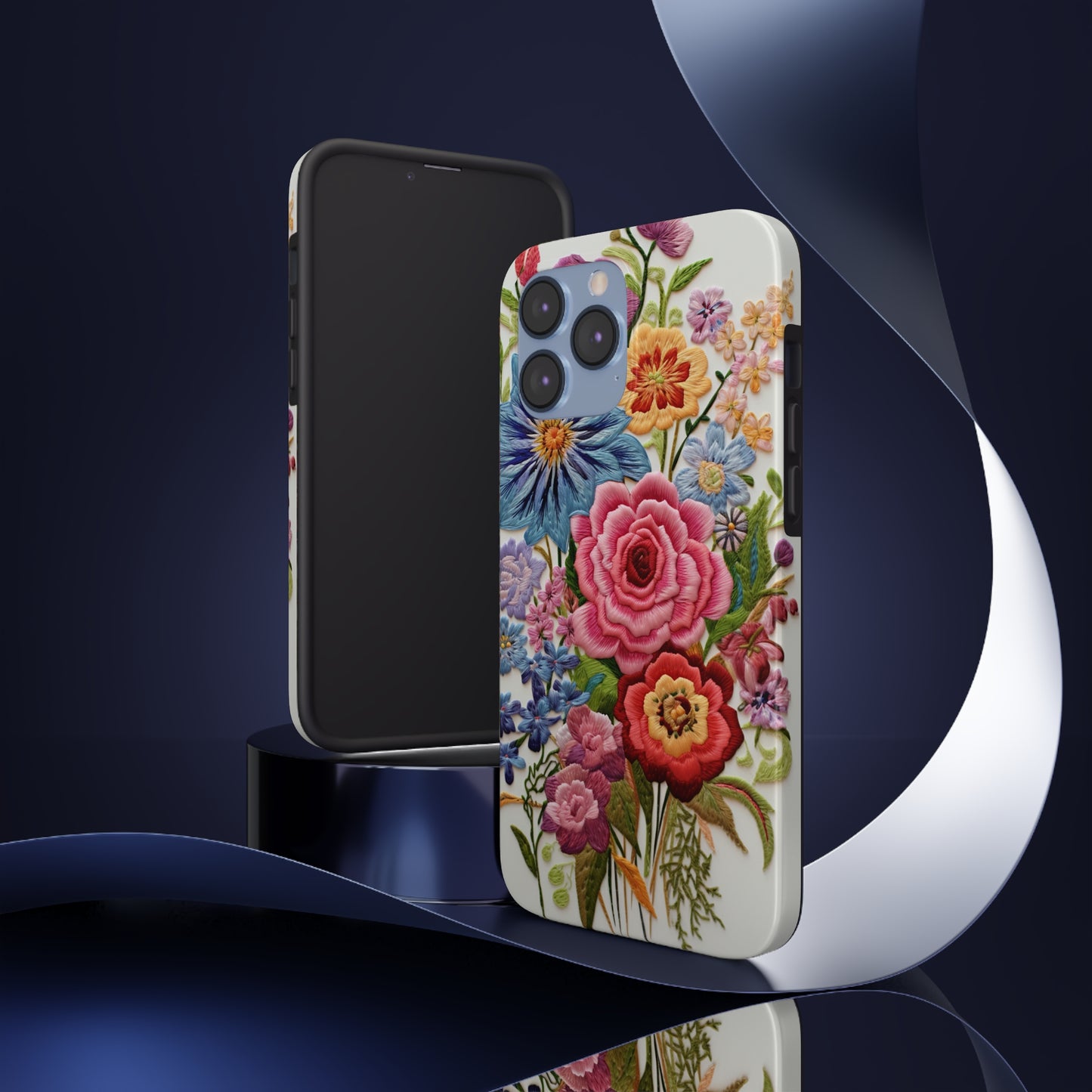 Embroidery Style Floral Aesthetic Flowers in Retro Vintage Tough Case iPhone Case