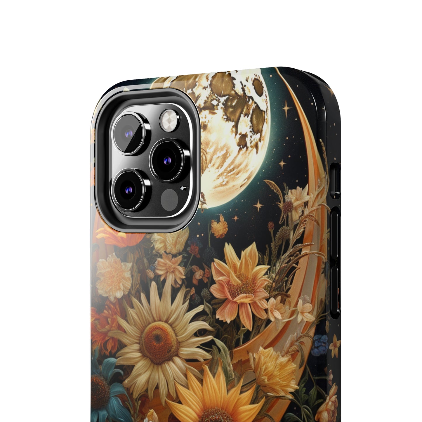 Celestial Charm: iPhone Case with Boho Cottagecore Fusion of Floral, Sun, Moon & Stars