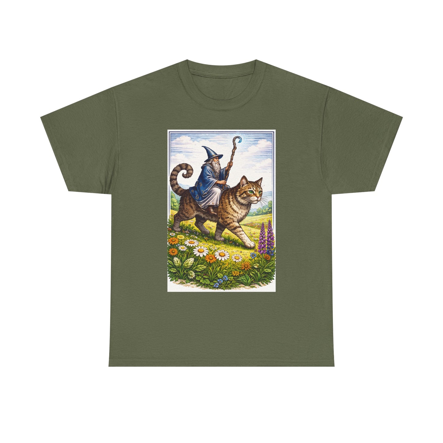 Wizard Cat Rider Vintage Fantasy T Shirt Funny Sorcerer Tee