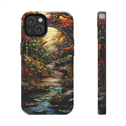 Stained Glass Stone Bridge and River: Floral Art Nouveau Phone Case | Bohemian Elegance for iPhone 14 down to iPhone 7 Models