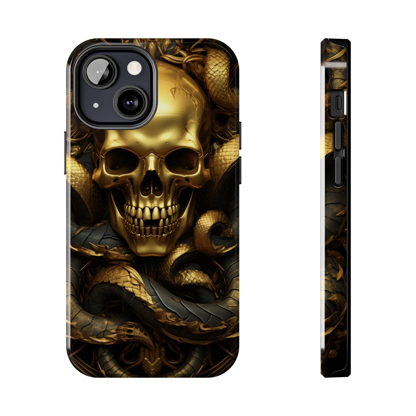 iPhone 14 Case Dark Elegance: Gold Skulls and Snakes Tough iPhone Case | An Edgy Goth Delight