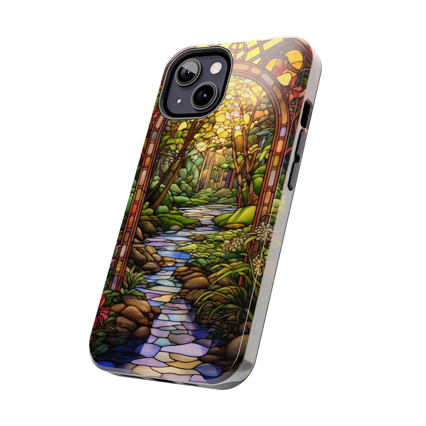 Stained Glass Stone Bridge and River Phone Case: Floral Art Nouveau Design | Bohemian Elegance for iPhone 14 Pro Max, iPhone 14 Plus