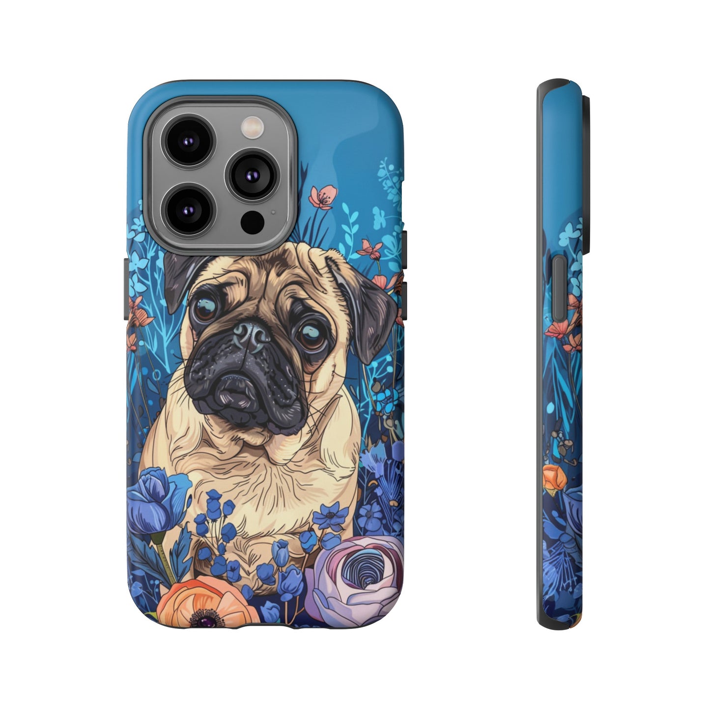 Cute Pug Dog Blue Floral Design Phone Case