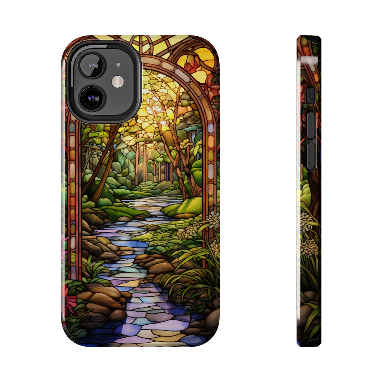 Stained Glass Stone Bridge and River Phone Case: Floral Art Nouveau Design | Bohemian Elegance for iPhone 14 Pro Max, iPhone 14 Plus