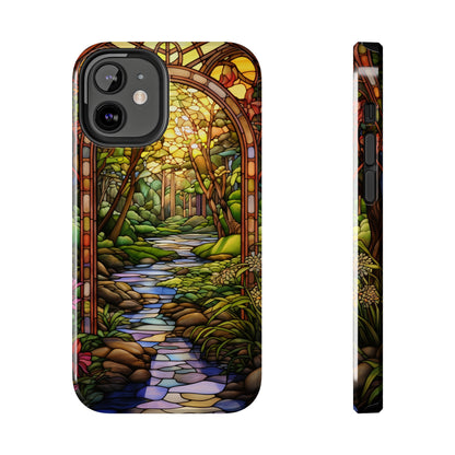 Stained Glass Stone Bridge and River Phone Case: Floral Art Nouveau Design | Bohemian Elegance for iPhone 14 Pro Max, iPhone 14 Plus