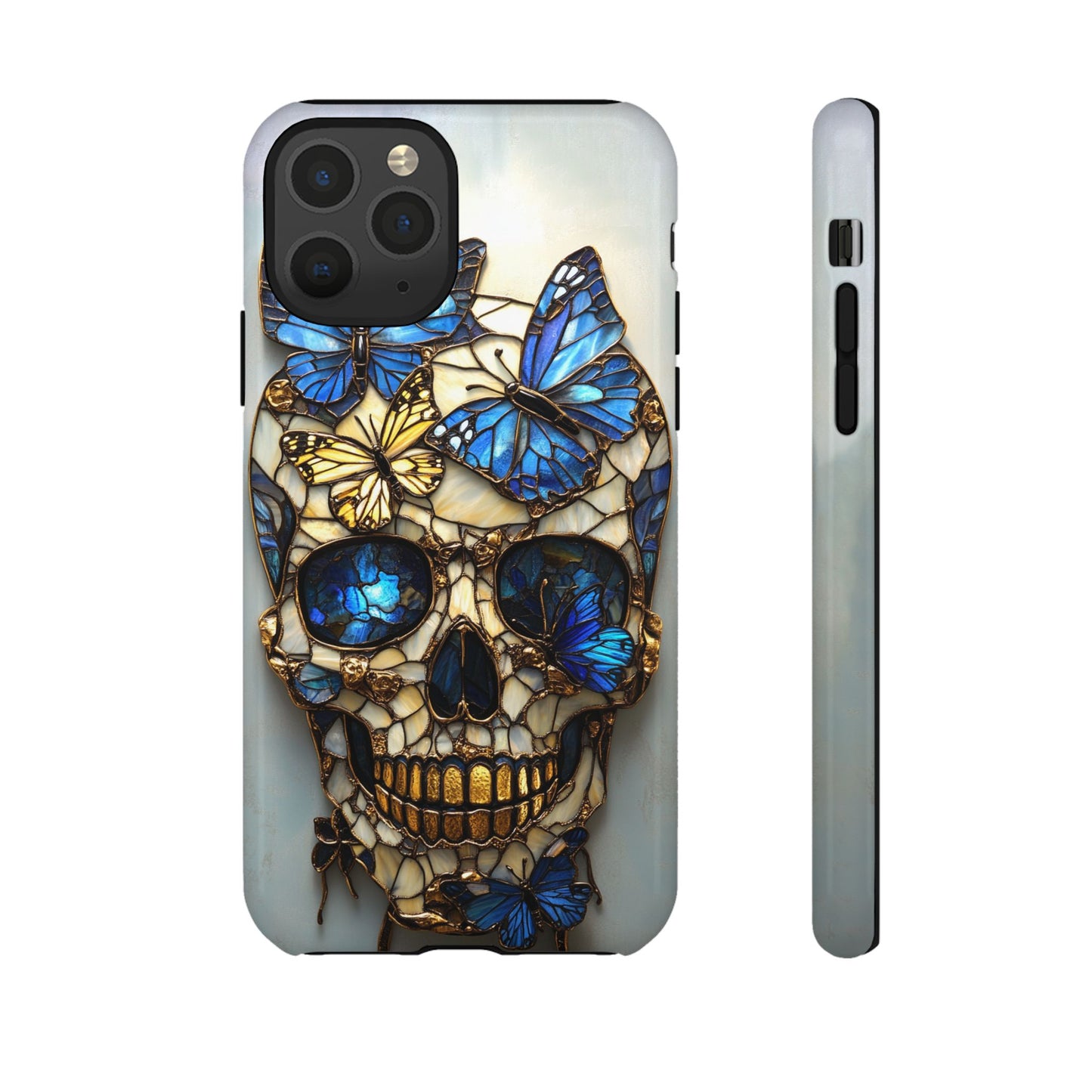 Gold and Blue Stained Glass Skull and Butterflies Phone Cover