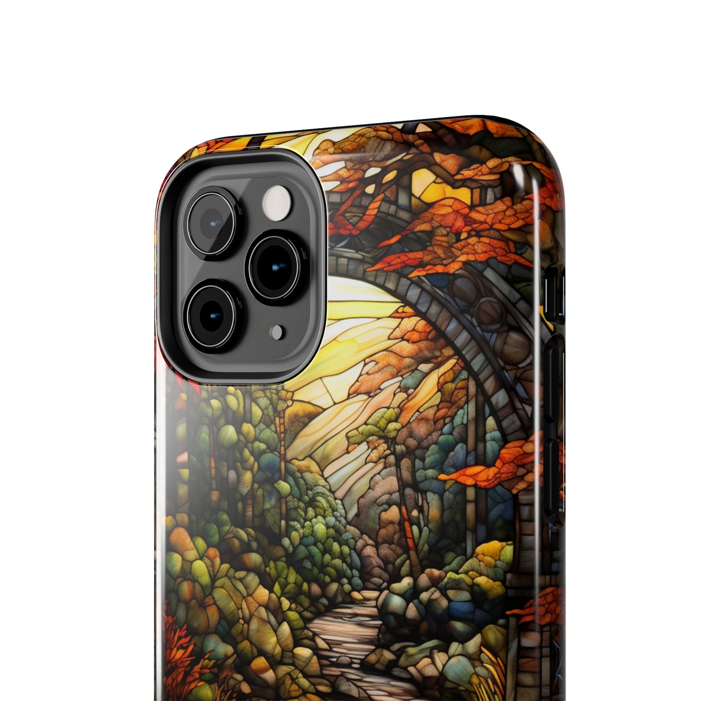 Stained Glass Stone Bridge and River: Floral Art Nouveau Phone Case | Bohemian Elegance for iPhone 14 down to iPhone 7 Models