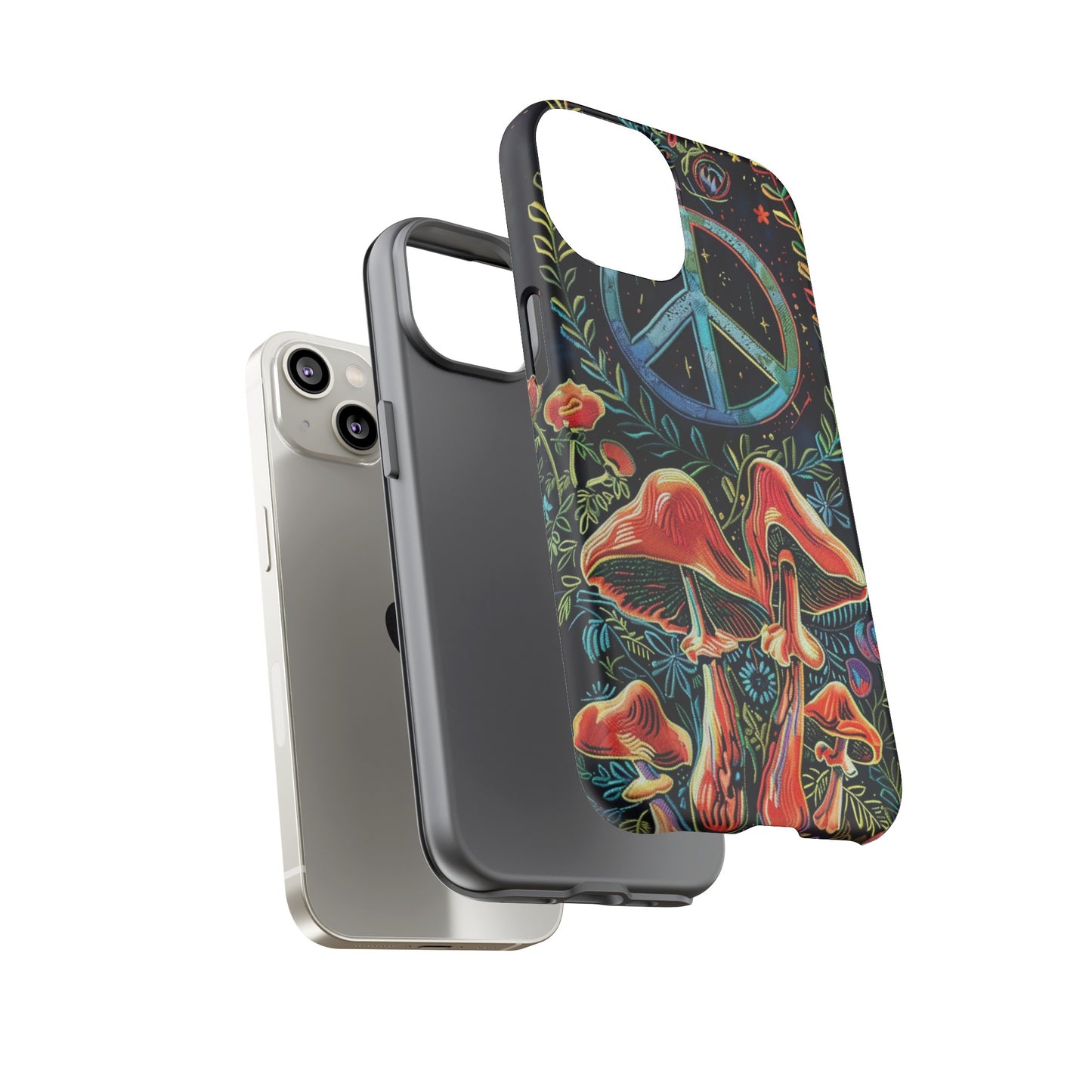 Embroidery Style Magic Mushrooms and Peace Sign Phone Case