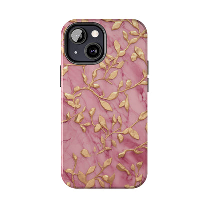 iPhone 14 Case Alluring Elegance: Pink & Gold Leaf Tough iPhone Case