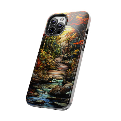 Stained Glass Stone Bridge and River: Floral Art Nouveau Phone Case | Bohemian Elegance for iPhone 14 down to iPhone 7 Models