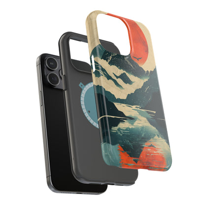 Retro iPhone Case Mountain Sunset Lake Reflection MagSafe Phone Case