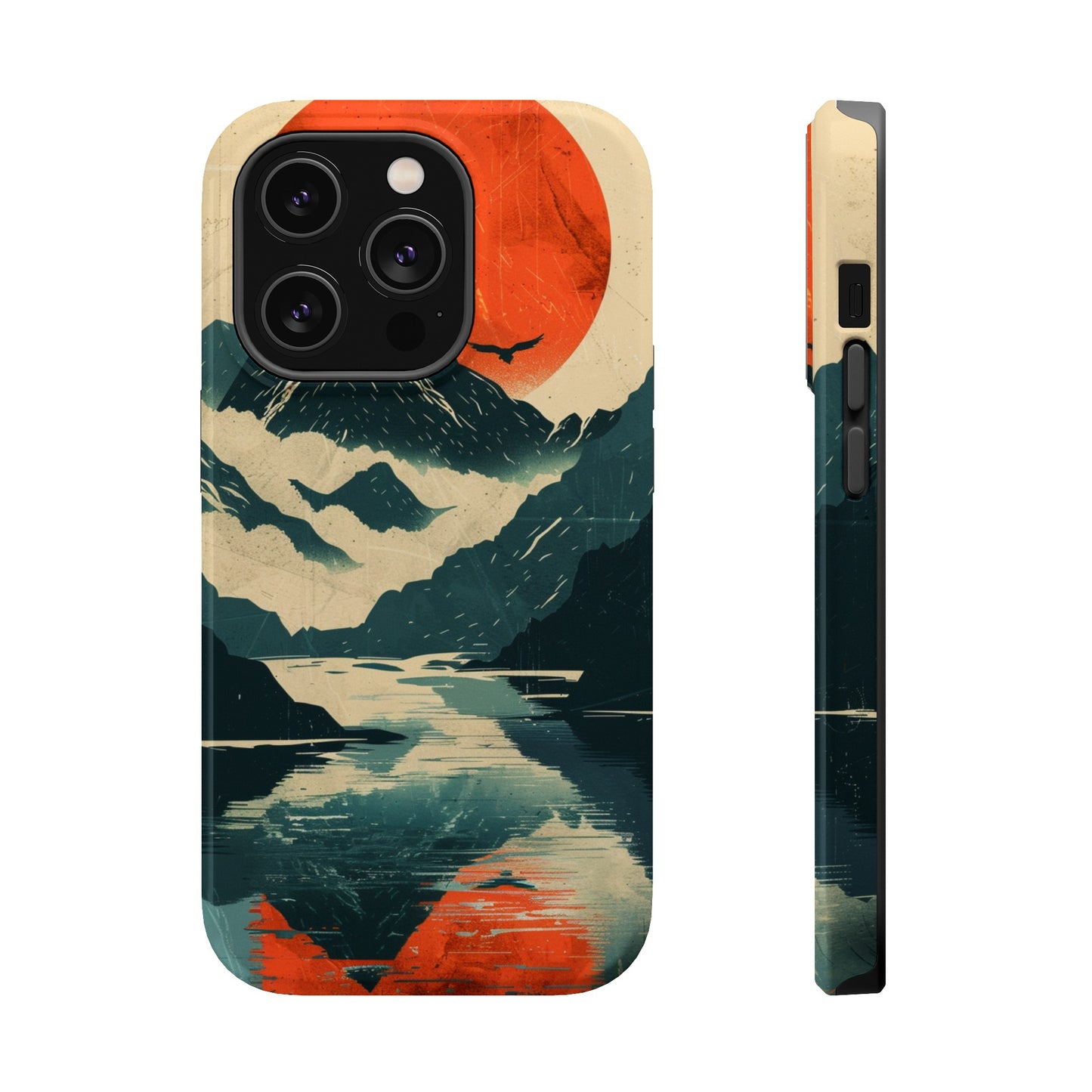 Retro iPhone Case Mountain Sunset Lake Reflection MagSafe Phone Case