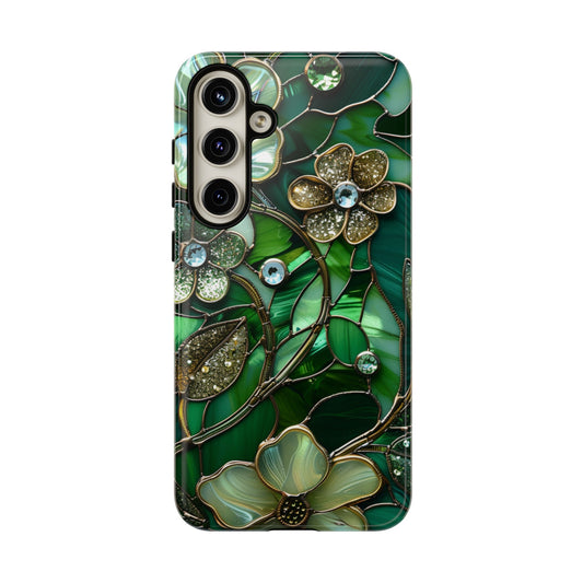 Green floral explosion diamond phone case for iPhone 15