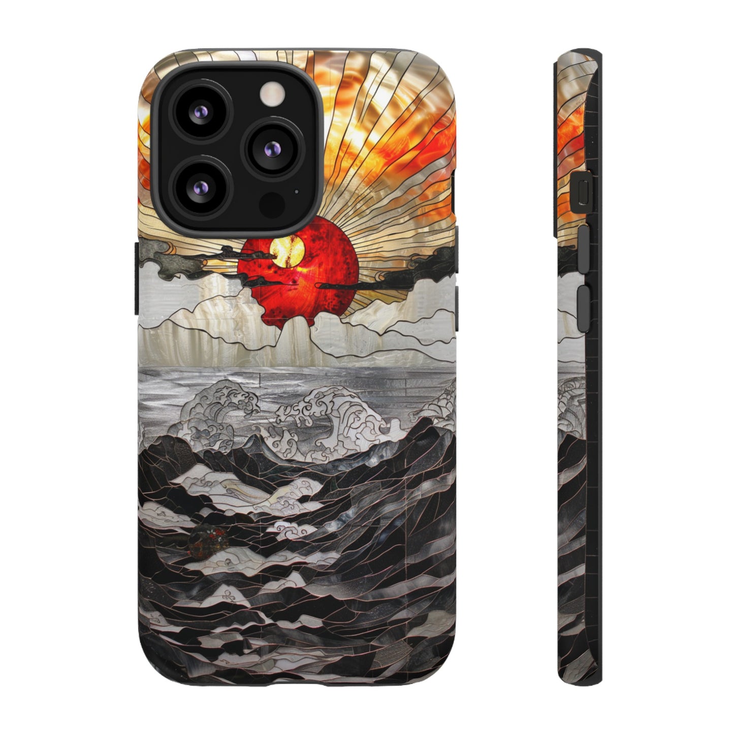 Japanese Rising Sun Phone Case Stained Glass Ocean Wave Phone Cover iPhone 15 Case