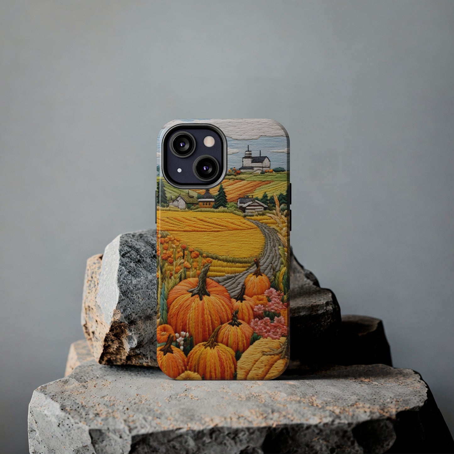 Harvest Hues: Halloween Pumpkin Patch | Embroidered Landscape for iPhone Range