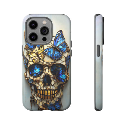 Gold and Blue Stained Glass Skull and Butterflies Phone Cover