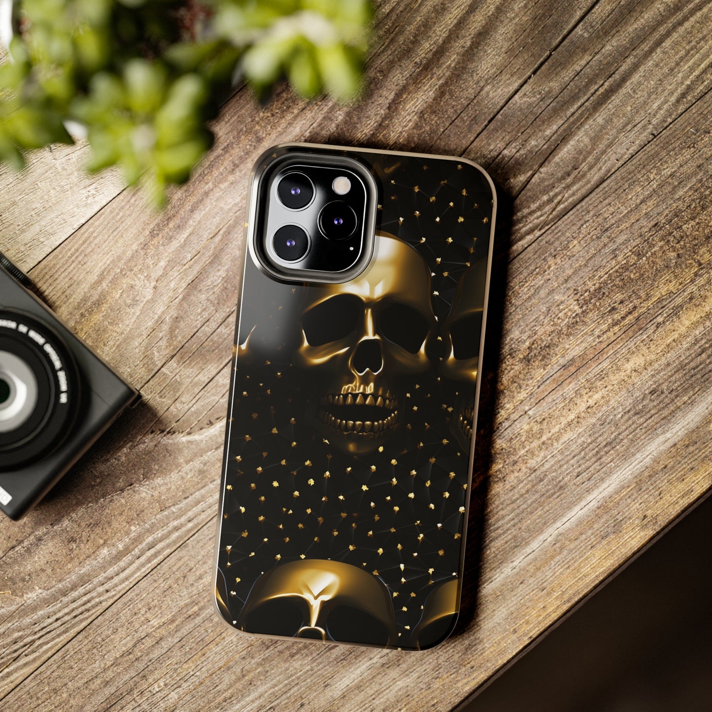 iPhone Tough Case | Dark Decadence: Gothic Gold Skulls and Studs  | Unveil Your Edgy Elegance