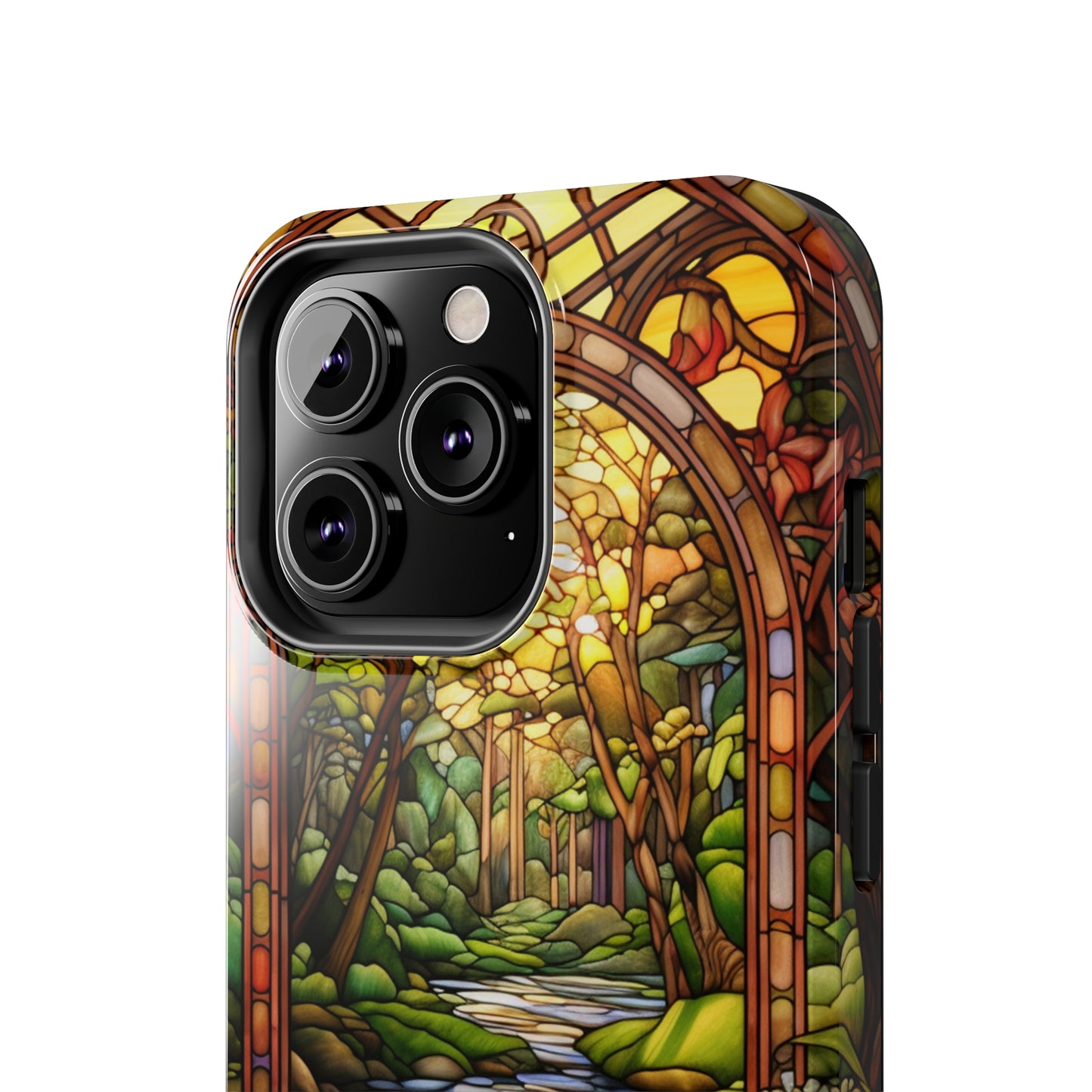 Stained Glass Stone Bridge and River Phone Case: Floral Art Nouveau Design | Bohemian Elegance for iPhone 14 Pro Max, iPhone 14 Plus