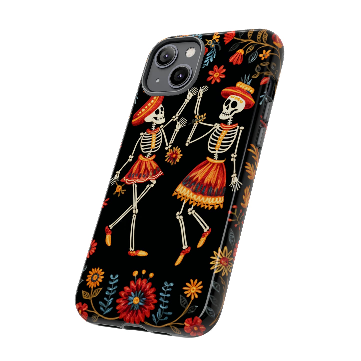 Dead Can Dance, iPhone 15 case, Floral Embroidery Skeletons | Whimsical Dance of the Departed for Google Pixel, iPhone & Samsung Galaxy