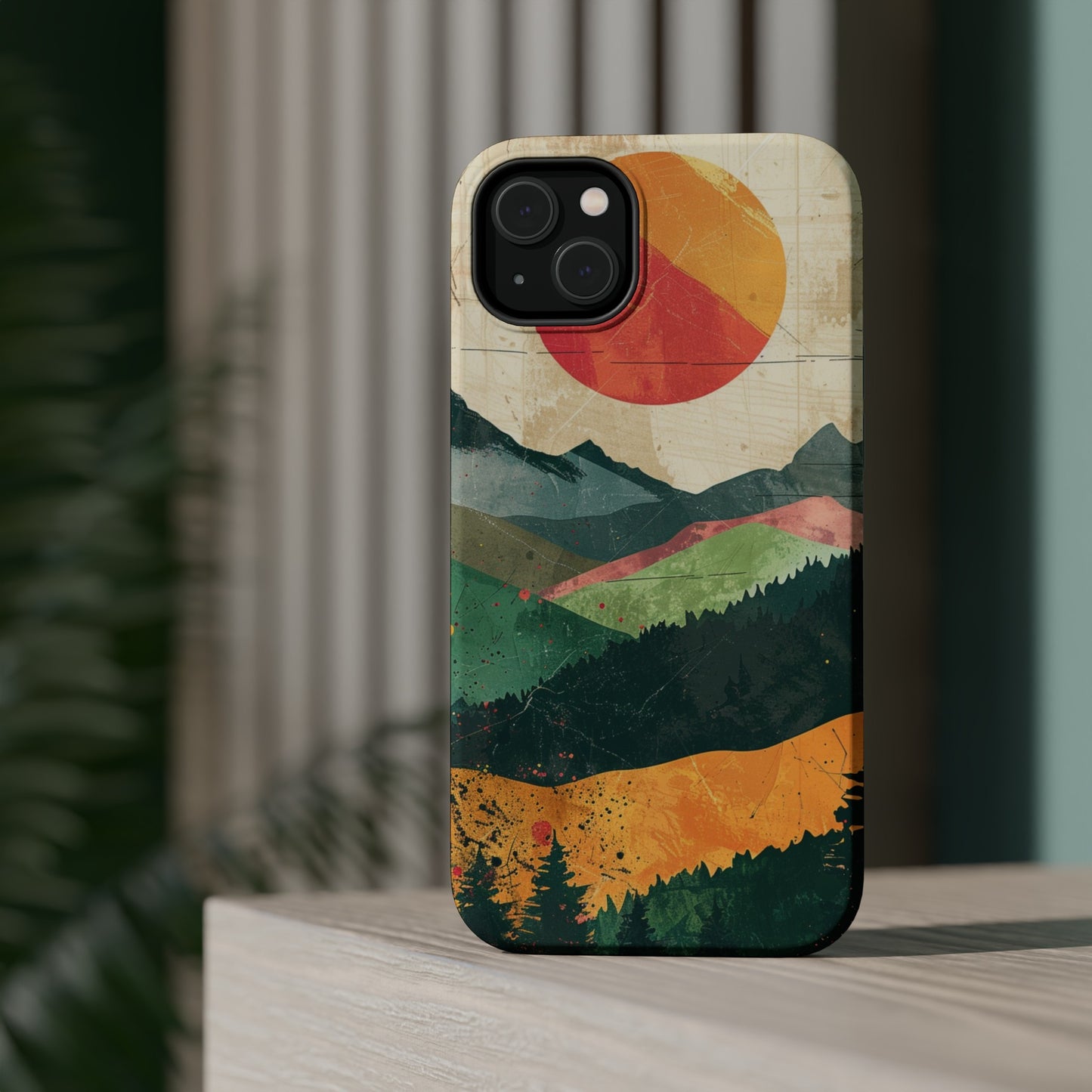 Retro Mountain Sunset Orange and Red MagSafe Phone Case, iPhone 15 Case, Tough Phone Cover, Americana Outdoor Nature Lover
