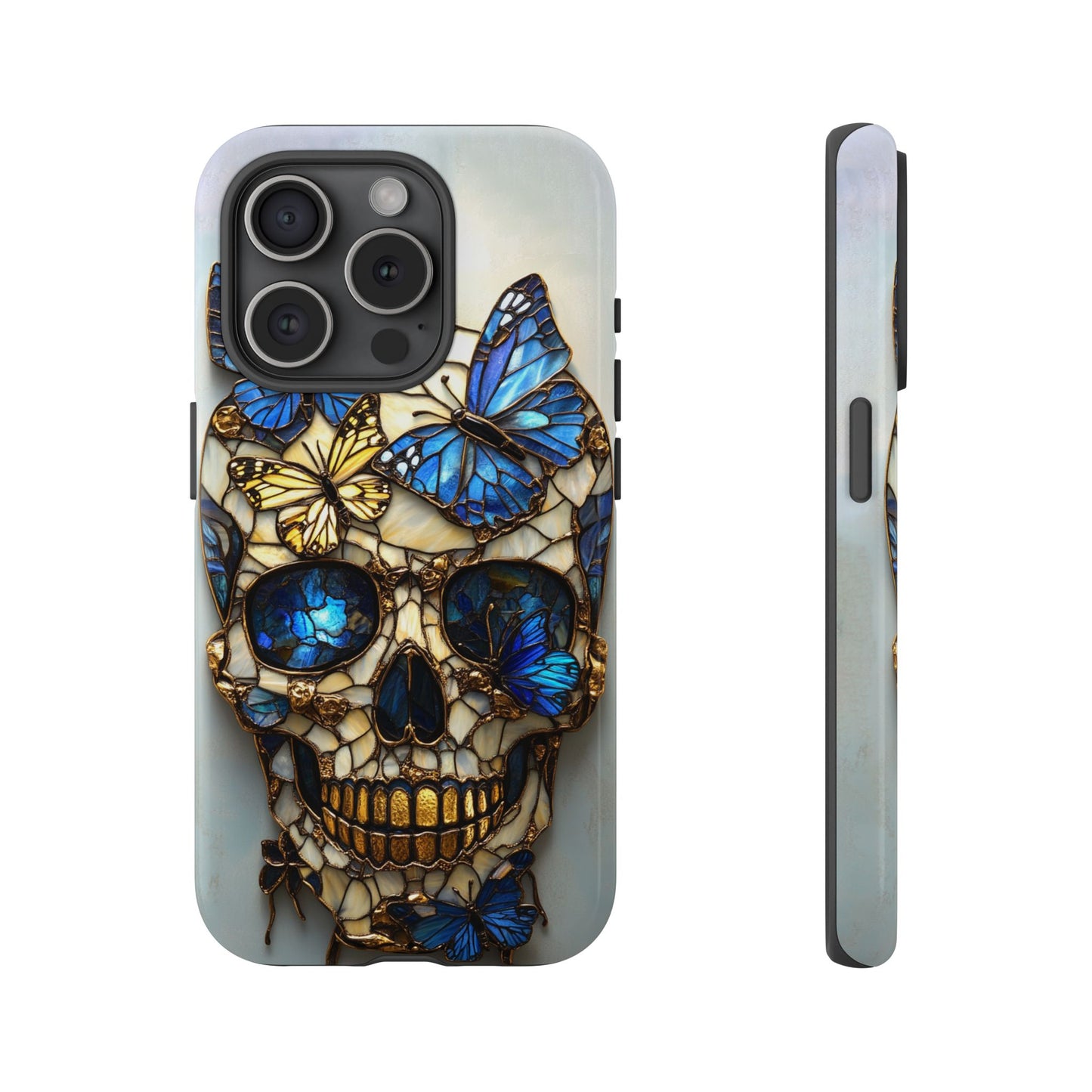 Gold and Blue Stained Glass Skull and Butterflies Phone Cover